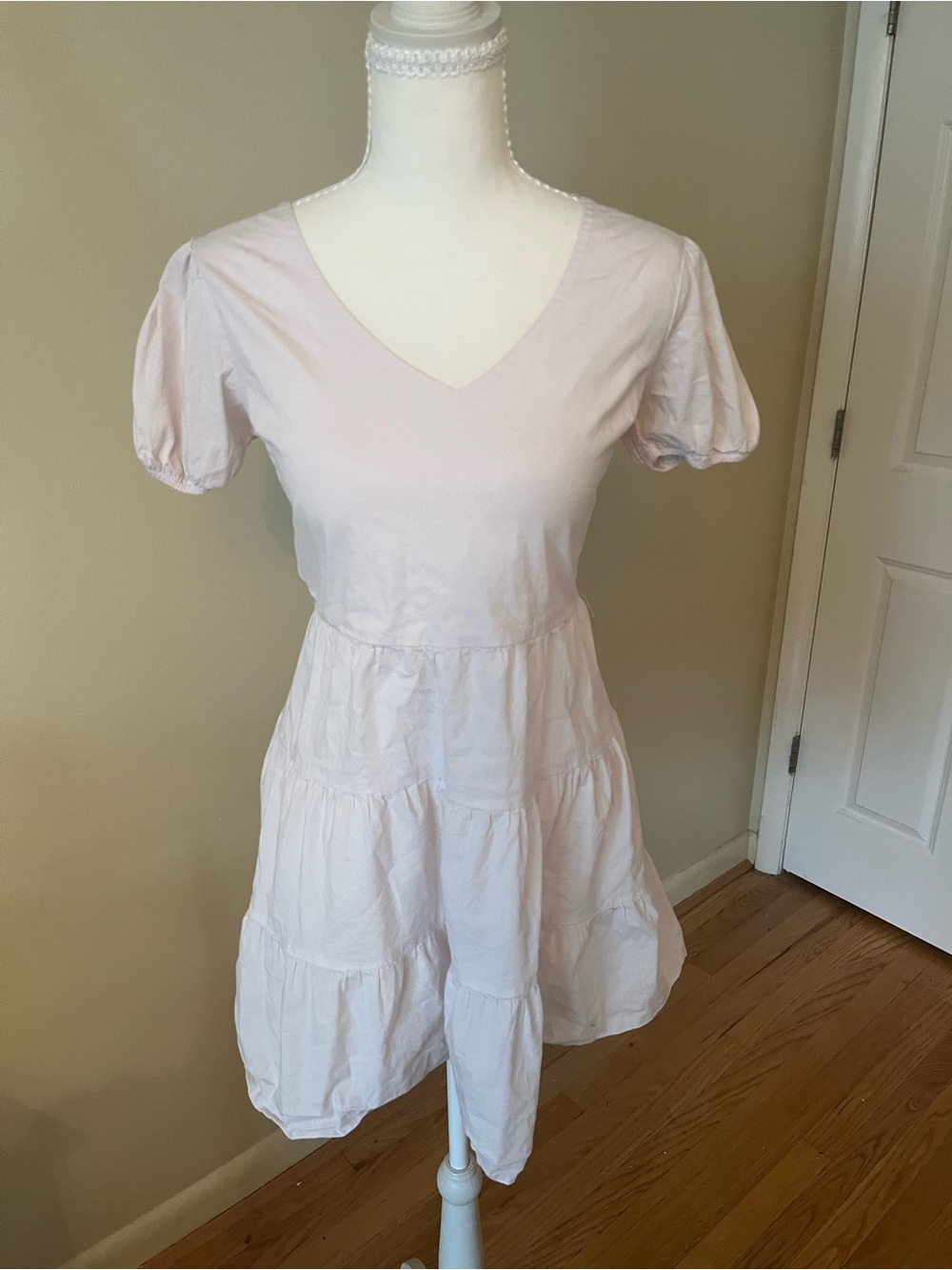 V-Neck Light Pink Tiered Mini Dress